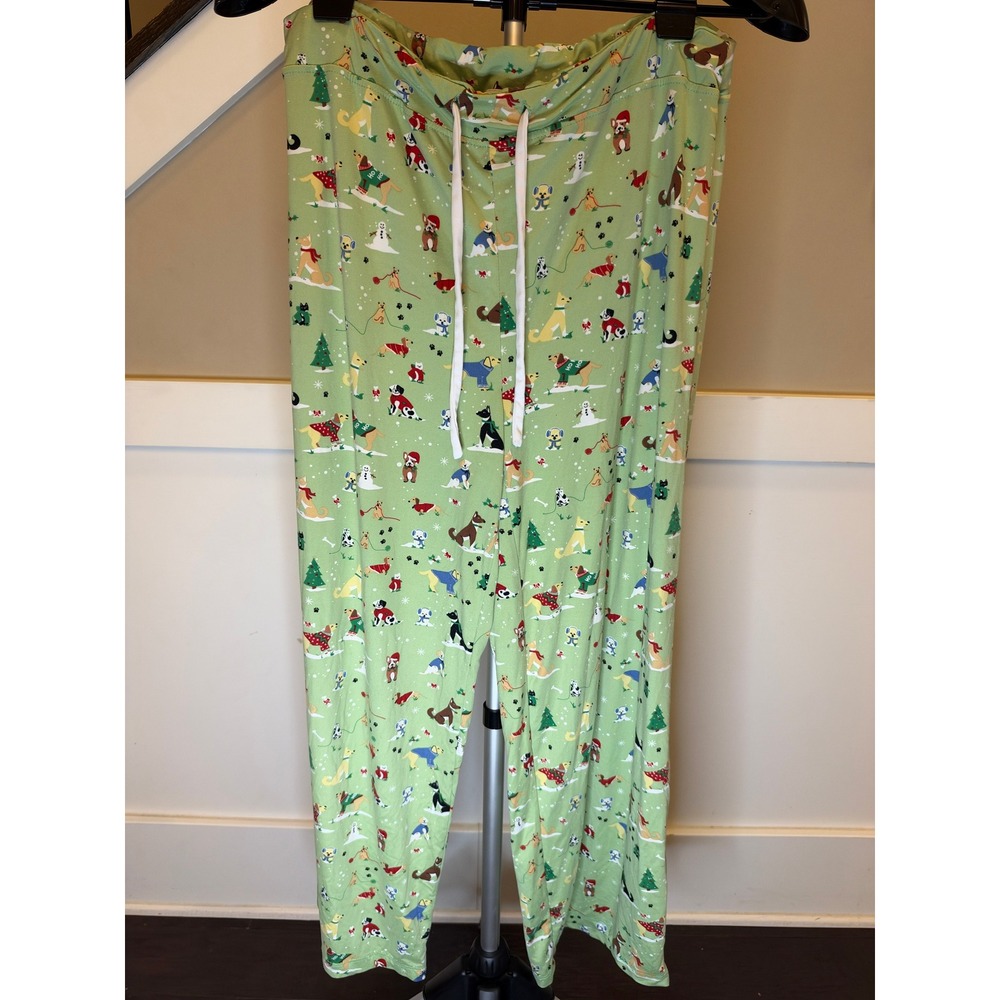Amanda Blu Womens Holiday Dog Print Pajama Set Green Christmas Large PJs